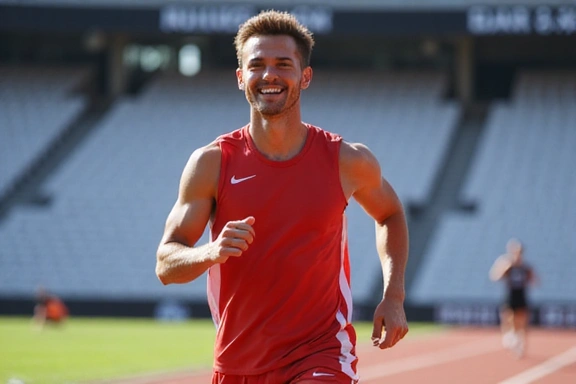 Un atleta sorridente che corre su una pista di atletica, con un'espressione di determinazione.