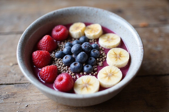 Una ciotola di smoothie colorato con frutta fresca e semi in primo piano su un tavolo di legno.
