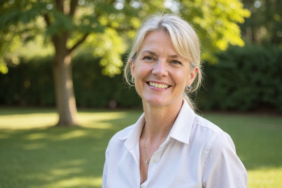 Donna di mezza età sorridente, in un ambiente naturale e rilassante.
