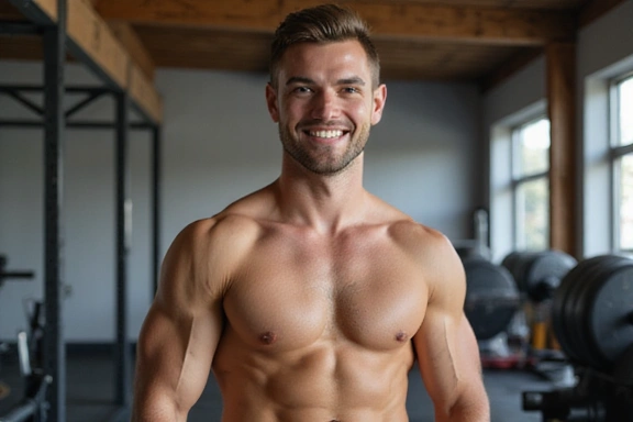 Giovane uomo in forma, sorridente, dopo un allenamento intenso.